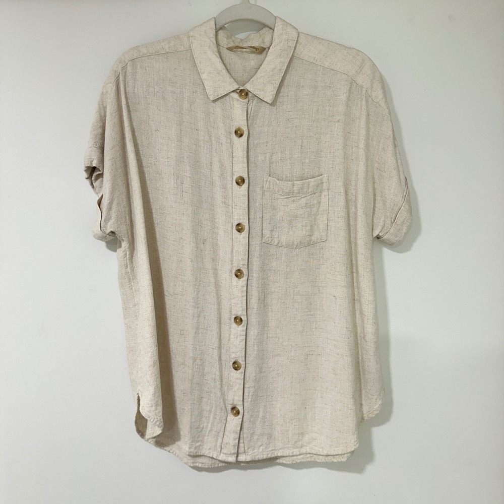 Soft Surroundings Womens M Oatmeal Linen Blend Button Up Shirt Relaxed Fit